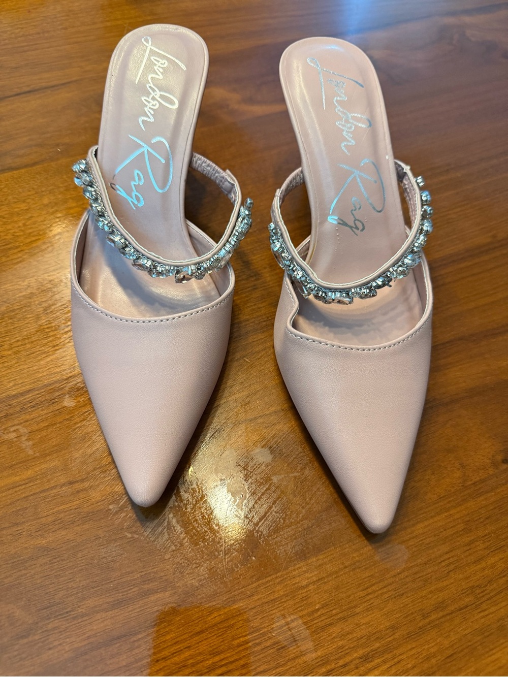 Kristin Roz Blush Pink Jeweled Pointed Toe Mules